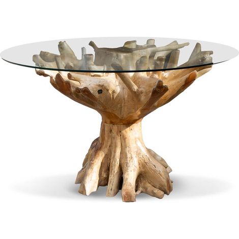 Les Tendances – Table à manger ronde en racine de teck blanchi et verre trempé – Diamètre 150 cm – 8 places – Fabrication artisanale Espagne