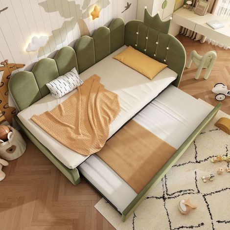 Lit Gigogne 90 x 200 cm 1 place lit d'appoint forme en L velours vert design couronne et grille (1/5)