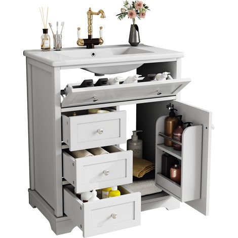 Mueble bajo lavabo con 1 Puerta, 4 Cajones y Lavabo de Cerámica, para Baño, en MDF, 76x46x87 cm, Blanco (1/5)