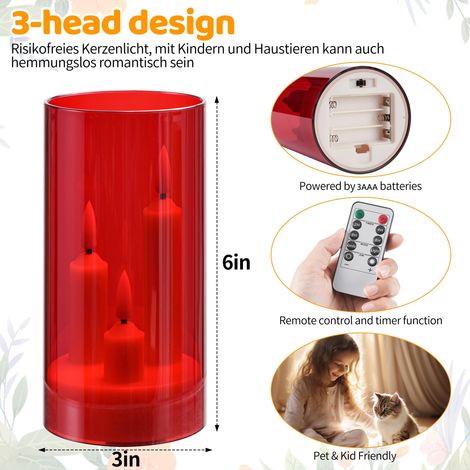 Set di 2 candele senza fiamma a batteria con telecomando e timer, LED a tre stoppini, per matrimoni romantici, perfetto come decorazione per la casa (rosso) (1/4)