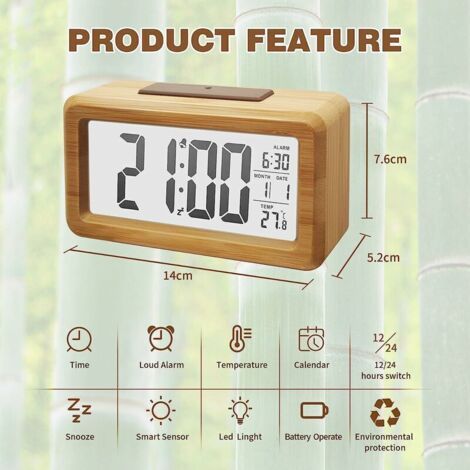 Sveglia digitale in legno, display LED grande, luce notte intelligente, funzione snooze e indicatore temperatura (1/3)
