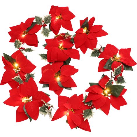 Guirlande lumineuse LED, guirlande lumineuse à fleurs rouges en velours, guirlande lumineuse en forme de couronne, décorations extérieures, étanche, boîtier à piles, décorations de jardin, en tissu, m (1/5)