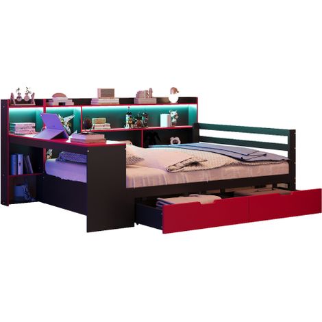 Schlafsofa aus Massivholz,Mit Schreibtisch Bücherregal Ablagefächern und Regalen, Mit Steckdose, Mit 2 großen Ablagefächern, Multifunktionales Holzbett