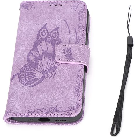 Étui portefeuille pour iPhone 12 Pro, en cuir PU, à rabat, avec emplacement pour carte de crédit, violet