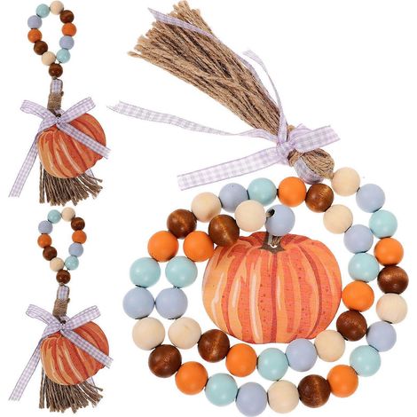 Guirlande de perles en bois, guirlande d'automne décorative, lot de 4 avec pompon et citrouille (1/5)