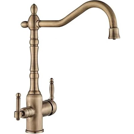 Robinet d'évier de cuisine, purificateur d'eau à double poignée, bec pivotant à 360°, couleur laiton antique (1/5)