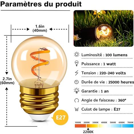 G40 E27 LED Retro Edison Filament Bulb Mini Globe 1W Amber Glass Spiral Filament Bulb 220V Outdoor String Lights Coffee Lights Christmas Lights Warm 2200K (1/4)
