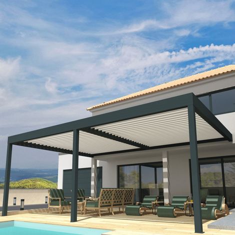 Pergola Bioclimatique COCOON XL Mixte Gris anthracite / Blanc 7,00x6,037m (Vérin à télécommande) (1/4)