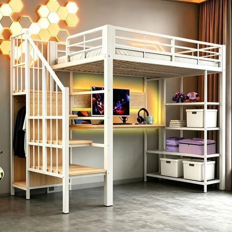 Lit Mezzanine 90x200cm avec Bureau Étagères Escalier Rangement Prises LED - lit simple - Structure Métal Gain de Place Enfants Blanc (1/5)