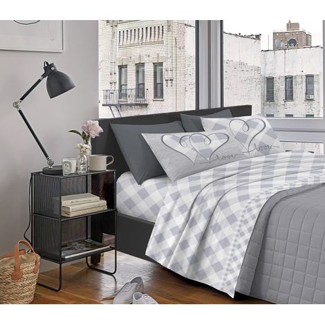 Completo Letto Stampato Made In Italy 100 % Cotone Set Lenzuolo Sopra Sotto Federe Lovelycheck Grigio - Matrimoniale