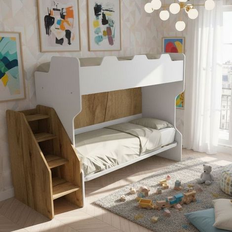 Letto a castello salvaspazio con terzo letto estraibile e scala laterale - Ideale per camerette - Bianco e Quercia