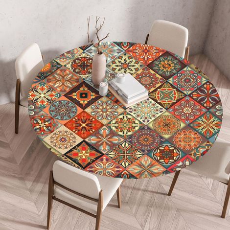Nappe ronde Boho avec élastique 90 cm imperméable lavable
