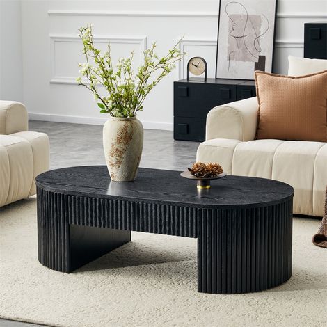 Table Basse Ovale - 105x54x38cm - Tiroir de Rangement Cannelé Design Lignes Verticales Style Moderne Salon - Noir (1/5)