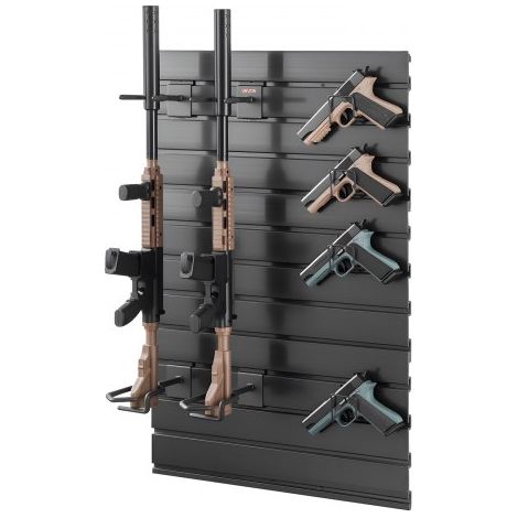 Estante de Pared para Armas de Fuego, Soporte de Montaje en Pared, Capacidad de 2 Escopetas y 4 Pistolas, Organizador de Accesorios con Ganchos Adicionales, Acero al Carbono, para Taller Garaja (1/5)