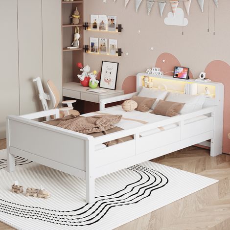 Letto bambino 90x200 cm con LED, prese USB e Type-C, testiera con contenitore, struttura stabile in legno - bianco (1/5)