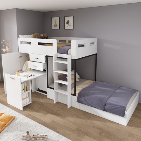 Avec bureau coulissant, lit superposé enfant 90 x 200 cm avec armoire, étagères, tiroir et échelle, blanc (1/5)
