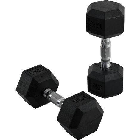 Mancuernas 2x10 kg con Barra de Conexión de Metal Cabeza Hexagonal Negro y Plata