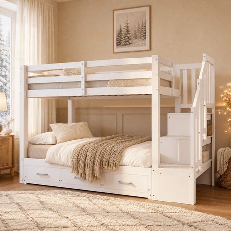 Cama litera (251x187x160 cm), con cajones ocultos, cama inferior extensible, escalera con almacenaje, madera blanca (1/5)