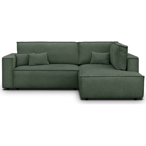 Canapé d'angle ouvert à droite convertible 3 places en tissu bouclé vert foncé - Emma (1/5)