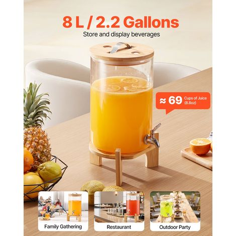 Distributeur de Boissons Grande Capacité de 8 L, Fontaine à Eau en Verre, Distribution d’Eau Jus Limonade Thé Glacé, avec Support en Bois et Robinet en Inox, pour Restaurant Café Hôtel Fête (1/5)