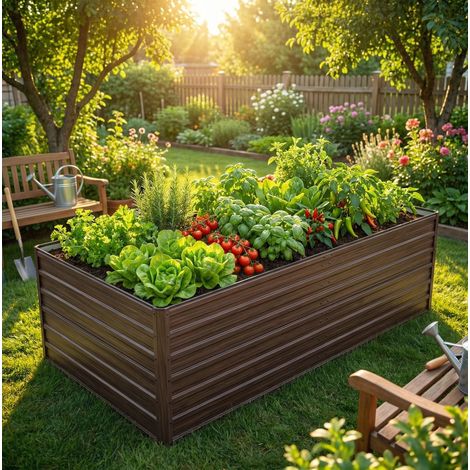 Bac potager surélevé 219x112x64 cm en acier brun effet bois, fond ouvert pour jardin – MEUBLIV (1/5)