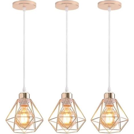 3x Lustre Suspension Industrielle, Moderne Lampe Luminaire en Cage Métal Or Champagne pour Salon Chambre (1/4)