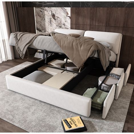 Bett modern gepolstert aus Samt Beige 160x200 cm mit verstellbarem Kopfteil, 3 Schubladen, Stauraum und Lattenrost (1/5)