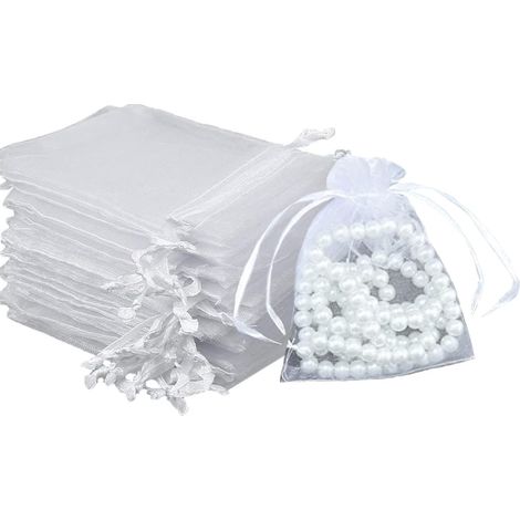 Packung mit 100 weißen Organzabeuteln (10 x 15 cm), perfekt zum Verschenken von Schmuck, Süßigkeiten oder für Partys und Hochzeiten. Satin-Kordelzugverschluss.