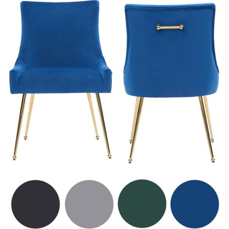 Set of 2 Blue Viviana Velvet Dining Chairs with Gold Legs and Ring Handle - Modern Upholstered Accent Chair (1/5)