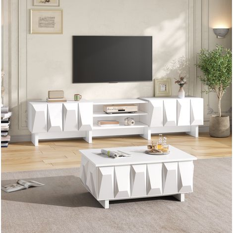 Ensemble meuble TV et table basse blanc 180 x 34 x 44,5 cm avec rangement FloraGrace (1/5)