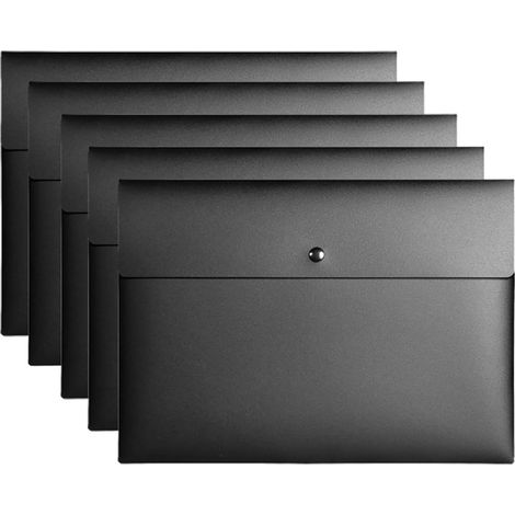 Lot de 5 enveloppes A4 pour papiers, portefeuilles en plastique, organiseur de documents avec fermeture à bouton-pression, format A4 (noir) (1/5)