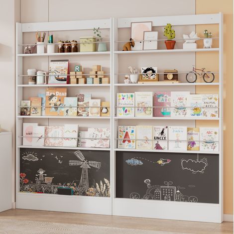 Set di 2 librerie frontali 100x10x180 cm bianche in MDF e metallo con lavagna, salvaspazio e fissaggio a parete (1/5)