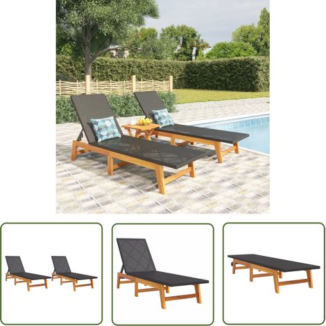 The Living Store Sonnenliegen 2 Stk. Schwarz Braun Poly Rattan Massivholz Akazie - Sonnenliegen - Gartenmöbel - Lounge Möbel - Outdoor Möbel - Holz Gartenmöbel (1/5)