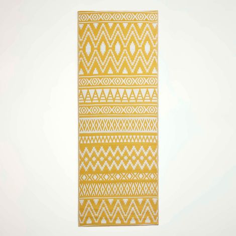 HOMESCAPES Luxury Outdoor Rug Runner, Yellow Anna Aztec, 75 x 200 cm
