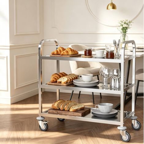 CHICFURN Carro de servicio de 3 baldas con ruedas, carro de cocina de acero inoxidable cromado con freno, estante auxiliar móvil para cocina y comedor, carga 150 kg (1/5)