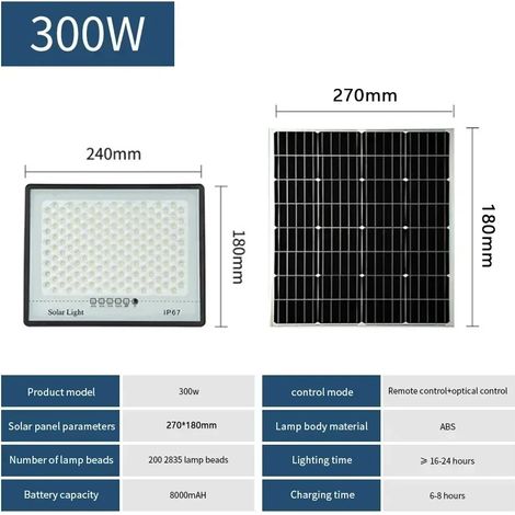 (200 LED 300 W) Lampes solaires d'extérieur 500 W avec réflecteur LED pour jardin, abri de jardin, éclairage solaire, étanche IP67, projecteur, éclairage de secours, appliques murales (1/5)