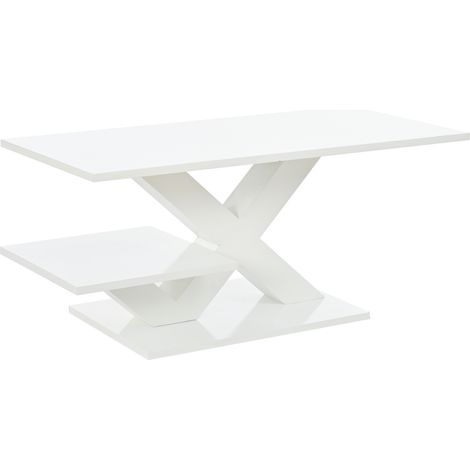 Tavolino da caffè bianco lucido 100x48x45 cm in MDF, doppio piano, gambe a X geometriche (1/5)