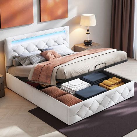 Beige Velours Bett 140x200 mit verstellbarem LED, hydraulischer Mechanik, verstellbarem Kopfteil, inklusive Lattenrost