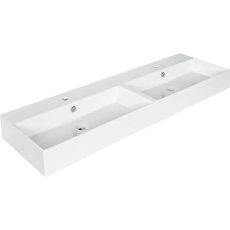 Double vasque Elayla avec trou de robinet en céramique, blanc 1420x130x450 mm