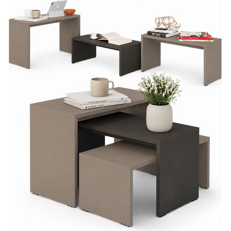 Tavolino Caffe Divano Salotto Rettangolare 3Pz Moderno Legno Moka e Antracite