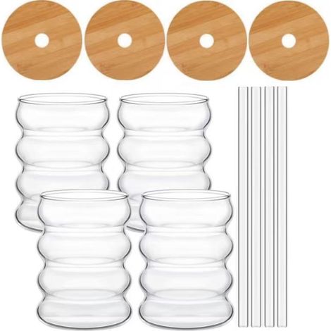 Set di 4 bicchieri creativi con coperchio e cannuccia, tazza da bere vintage RIB - Bellissima tazza da caffè e succo con motivo ondulato