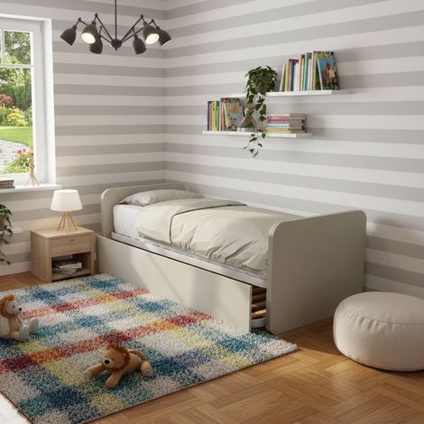 Letto singolo con letto estraibile, trasformabile in matrimoniale. Testate personalizzabili, reti in acciaio e doghe in faggio - Ecru cappuccino