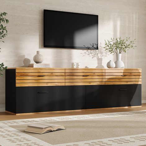 Meuble TV 168x38x59 cm avec 2 portes abattantes et 3 tiroirs, rangement salon en MDF noir et bois naturel (1/5)