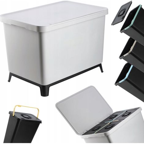 KADAX Poubelle avec couvercle à charnière, rectangulaire, en plastique, avec poignée de transport, pour tri des déchets, gris - 4 x 10 l (1/5)