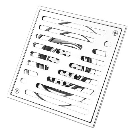 Bonde de sol en acier inoxydable (110 x 110 mm) - Empêche les cheveux de pénétrer dans l'évier. (1/5)