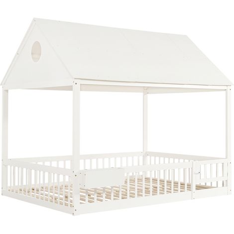 Letto bambino 140 x 200 cm bianco con tetto e finestre, pino, MDF e compensato, MODENUIT (1/5)
