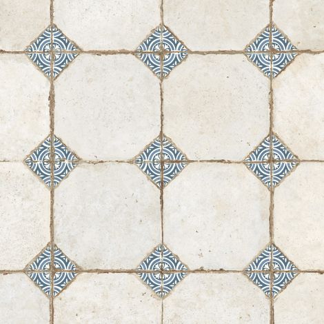 Carrelage Vintage Blanc et Bleu Cabochon 45,2x45,2x0,95 cm Sorelia - Sol et mur intérieur (vendu par carton de 1,02 m²) - RO'MA CARRELAGE