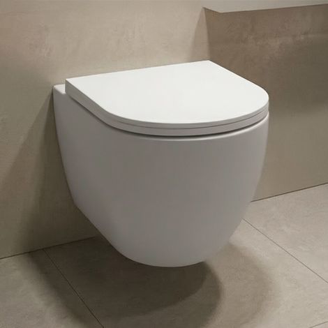 Wc sospeso in ceramica bianca con design ovale e scarico rimless Velora (1/5)