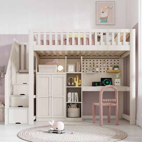 Lit mezzanine enfant blanc 90x200cm avec bureau, armoire-échelle et placard, étagères ouvertes, ports USB/USB-C, sommier à lattes, solution tout-en-un gain de place, sans matelas (1/5)