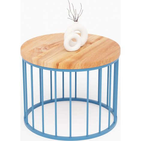 LAMO Manufaktur Couchtisch rund aus Holz 50 x 40 cm - Beistelltisch rund, Wohnzimmertisch, Sofatisch - kleiner Tisch, modern coffee table, Beistelltisch metall - Farbe: Dunkel, Beine: Blau (1/5)